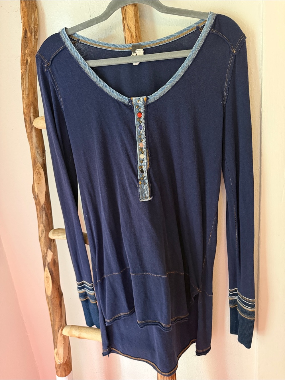 Free People Navy Long-Sleeve Henley with Denim Stone Snap Trim Granola Girl XS S